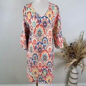 NEW Size M Bohemian Medallion Print V Neck 3/4 Ruffle Sleeve Shift Dress